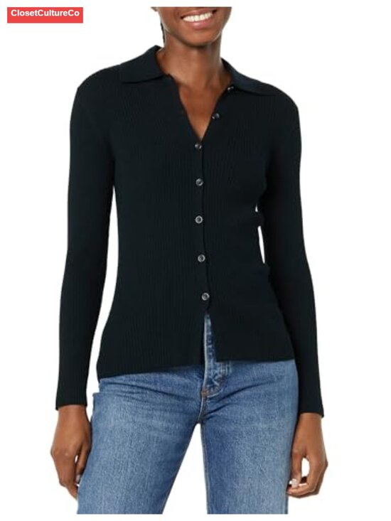 Sweaters - Fine Gauge Ribbed Knit Button Front Long Sleeve Polo Cardigan Sweater